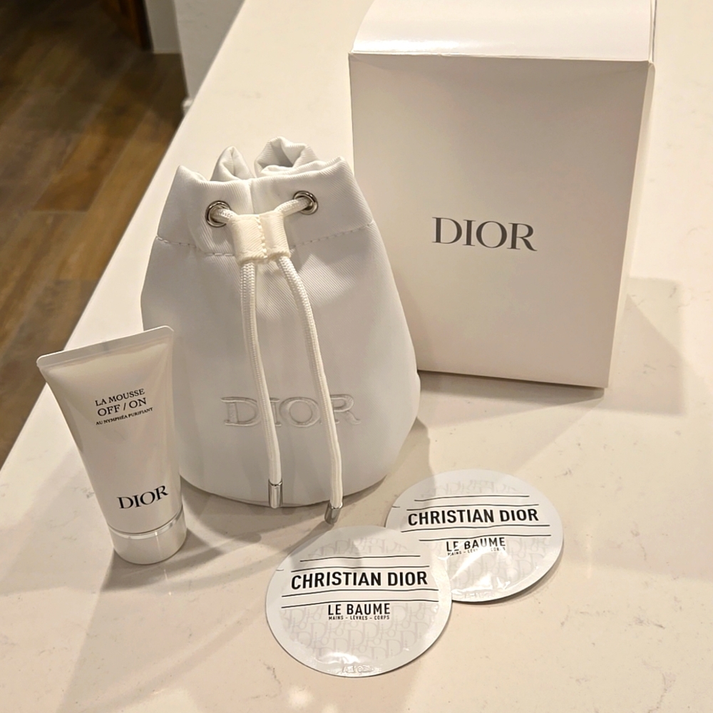 New in box Dior drawstring pouch bag & La Mousse off/on cleanser & Le Baume